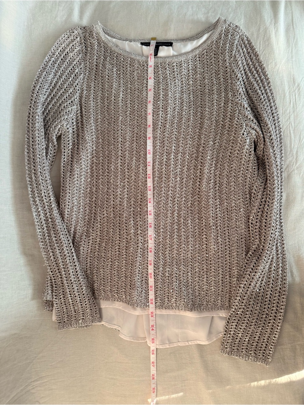 White House Black Market | Champagne Sequin Sweater | Split Back Chiffon Lining - Picture 11 of 14